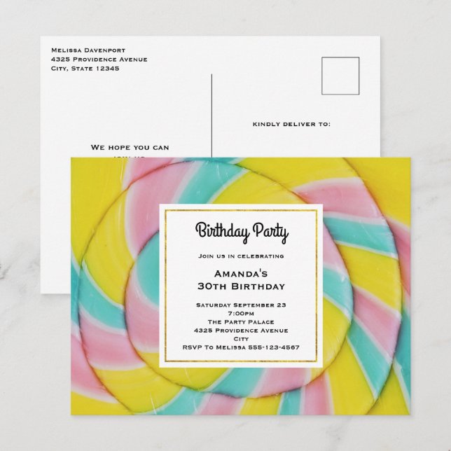 Pastel Rainbow Spiral Candy Birthday Party Postcard (Front/Back)