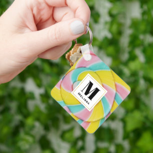 Pastel Rainbow Spiral Candy Photo Monogram Key Ring