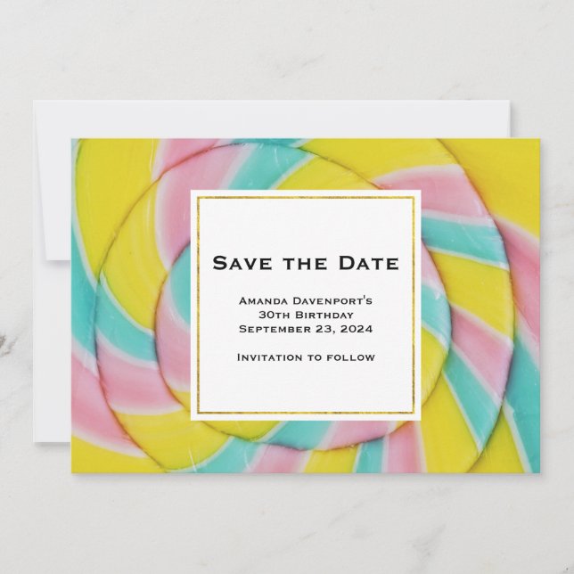 Pastel Rainbow Spiral Candy Save The Date (Front)