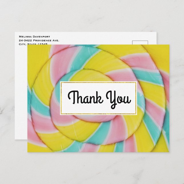 Pastel Rainbow Spiral Candy Thank You Postcard (Front/Back)