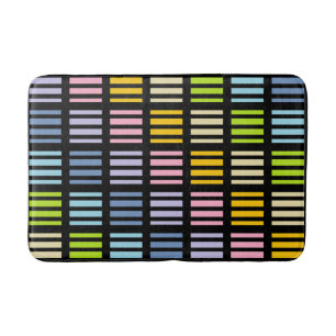 Pastel Rainbow Squares and Stripes Black Bath Mat