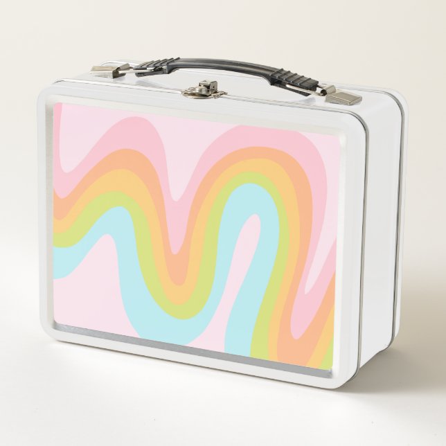 Pastel rainbow squiggle metal lunch box (Front)