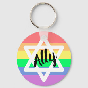 Pastel Rainbow Star of David   LGBTQ Ally Message Key Ring
