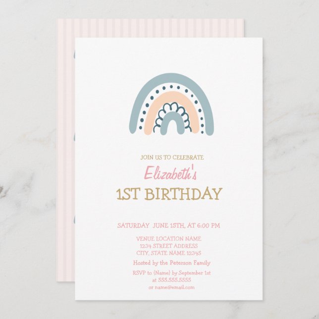 Pastel Rainbow Striped Birthday Invitation (Front/Back)