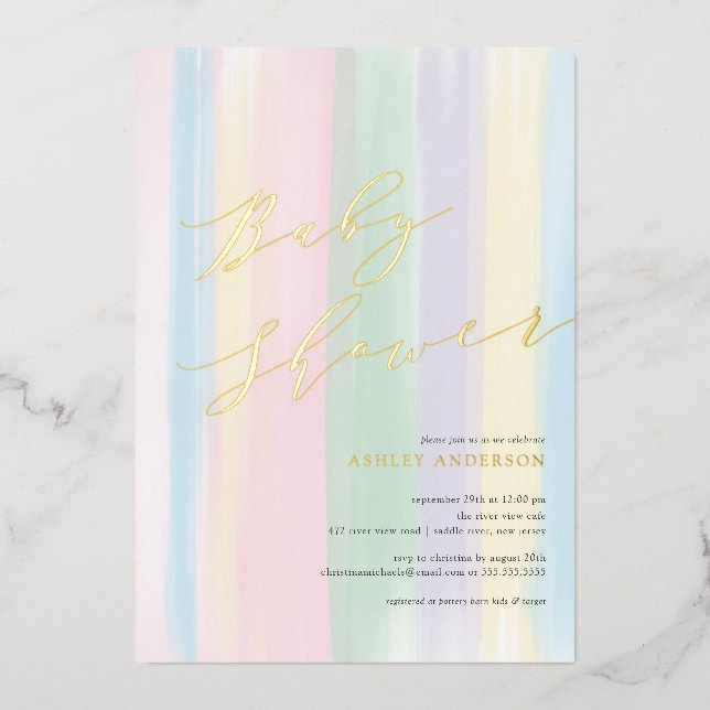 Pastel Rainbow Stripes Baby Shower Foil Invitation (Front)