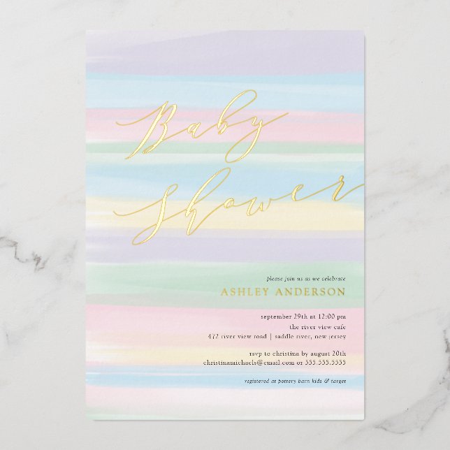 Pastel Rainbow Stripes Baby Shower Foil Invitation (Front)