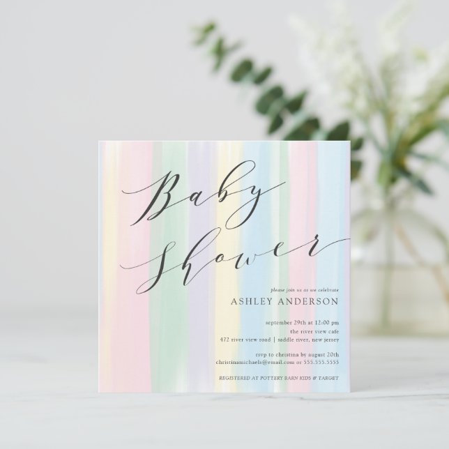 Pastel Rainbow stripes Baby Shower Invitation (Standing Front)