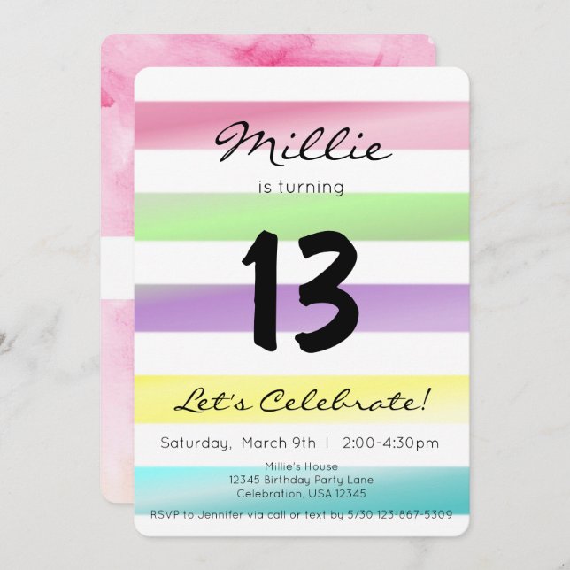 Pastel Rainbow Stripes Girl Birthday Invitation (Front/Back)