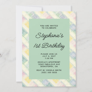 Pastel Rainbow Stripes Linen Gingham 1st Birthday Invitation