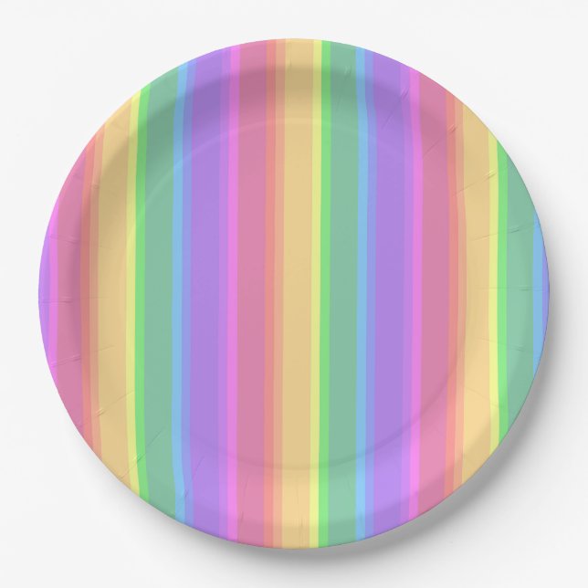 Pastel rainbow stripes paper plate (Front)