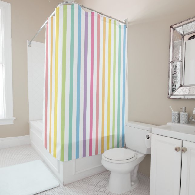 Pastel Rainbow Stripes Shower Curtain (In Situ)