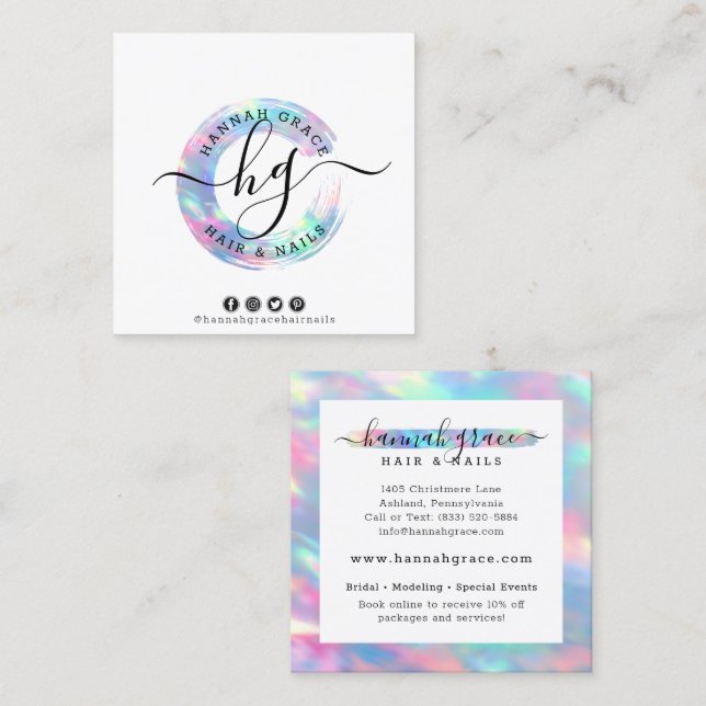 Pastel Rainbow Swash Logo Hair Nails Social Media  Square Business Card (Front/Back)