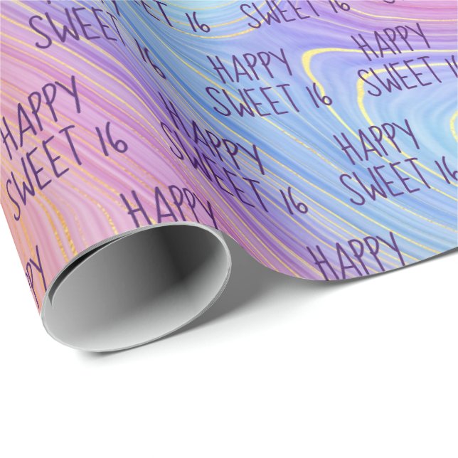 Pastel Rainbow Swirl Sweet 16 Wrapping Paper (Roll Corner)