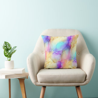Pastel Rainbow Teal Purple and Yellow Fluid Marble Cushion