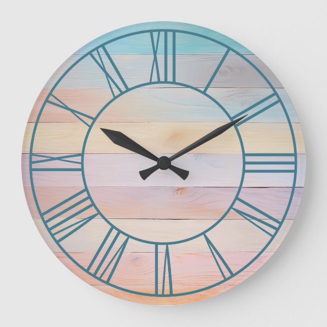 Pastel Rainbow Teal Roman Numerals Large Clock (Front)