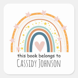 Pastel rainbow this book belongs to kids bookplate square sticker