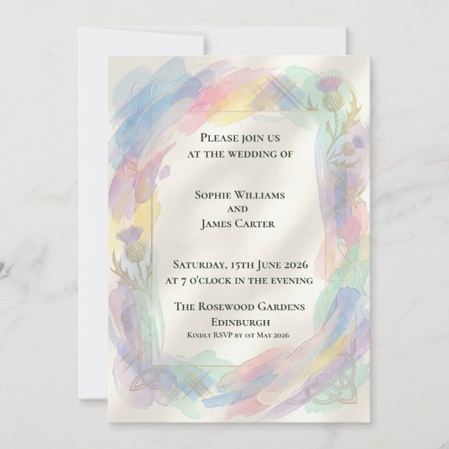 Pastel Rainbow Thistle Wedding Invitation (Front)