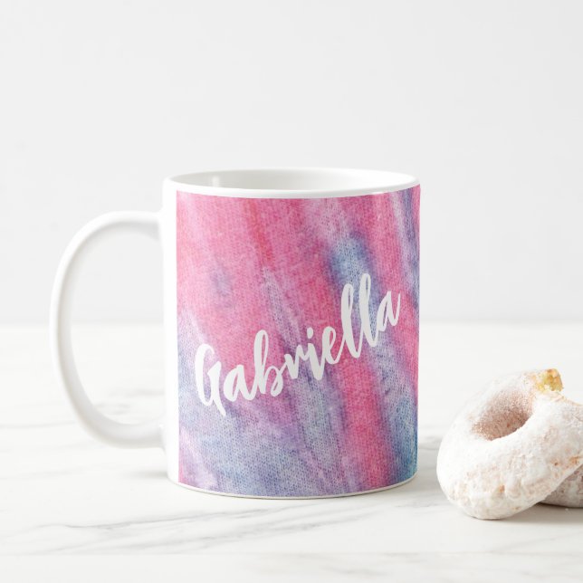 Pastel Rainbow Tie Dye Groovy Personalised Coffee Mug (With Donut)