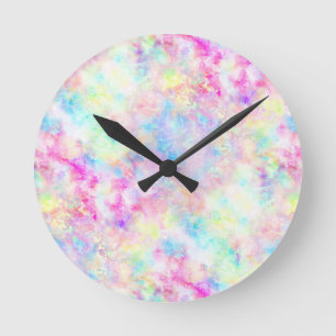 Pastel Rainbow Tie Dye Watercolor Round Clock