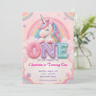 Pastel Rainbow Unicorn 1st Birthday Invitation