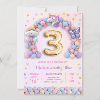 Pastel Rainbow Unicorn 3rd Birthday Invitation