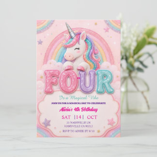 Pastel Rainbow Unicorn 4TH Birthday Girls Invitation