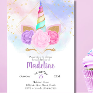 Pastel Rainbow Unicorn Birthday Invitation