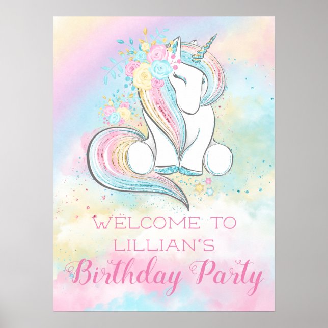 Pastel Rainbow Unicorn Birthday Party Sign (Front)