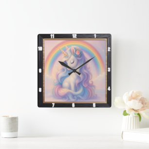 Pastel Rainbow Unicorn Dream  Square Wall Clock