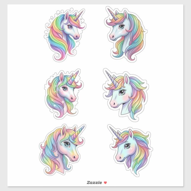 Pastel Rainbow Unicorn Faces Vinyl Sticker (Sheet)