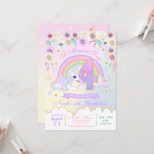 Pastel Rainbow Unicorn Fourth Birthday Invitation (Front/Back In Situ)