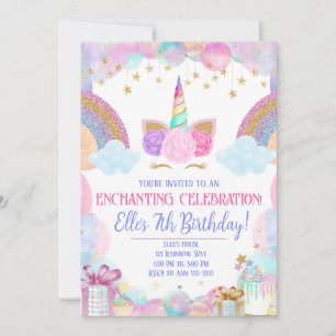Pastel Rainbow Unicorn Girls Birthday Invitation
