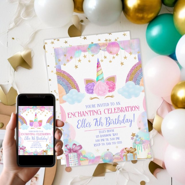 Pastel Rainbow Unicorn Girls Birthday Invitation (Pastel Rainbow Unicorn Girls Birthday Invitation)