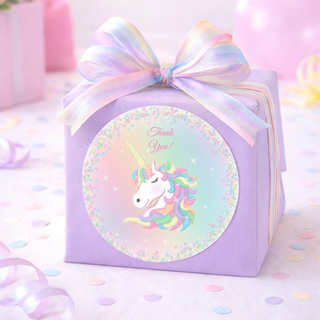 Pastel Rainbow Unicorn Happy Birthday Thank You Classic Round Sticker (Creator Uploaded)