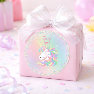 Pastel Rainbow Unicorn Happy Birthday Thank You Classic Round Sticker