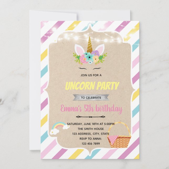 Pastel rainbow unicorn invitation (Front)