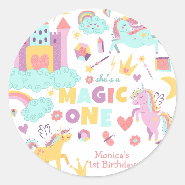 Pastel rainbow unicorn magic one birthday classic round sticker (Front)