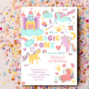 Pastel rainbow unicorn magic one birthday invitation