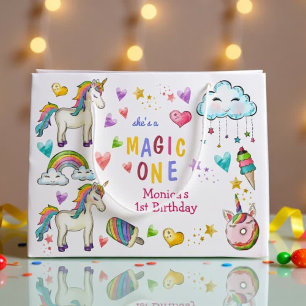 Pastel rainbow unicorn magic one birthday large gift bag