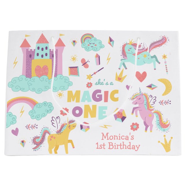 Pastel rainbow unicorn magic one birthday large gift bag (Front)