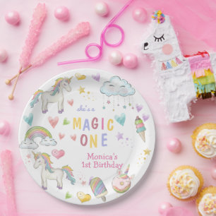 Pastel rainbow unicorn magic one birthday paper plate