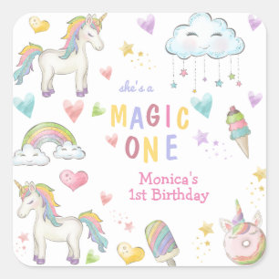 Pastel rainbow unicorn magic one birthday square sticker