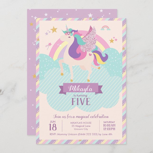 Pastel Rainbow Unicorn Magical Birthday Cute Invitation (Front/Back)
