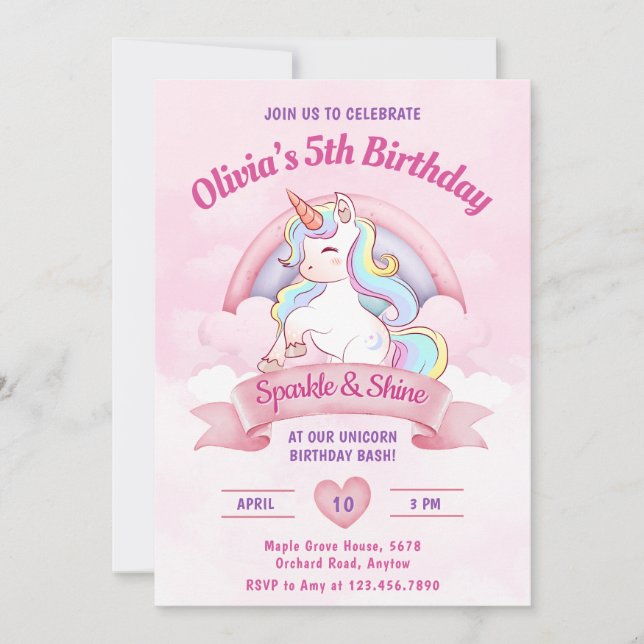 Pastel Rainbow Unicorn Magical Birthday Party  Invitation (Front)