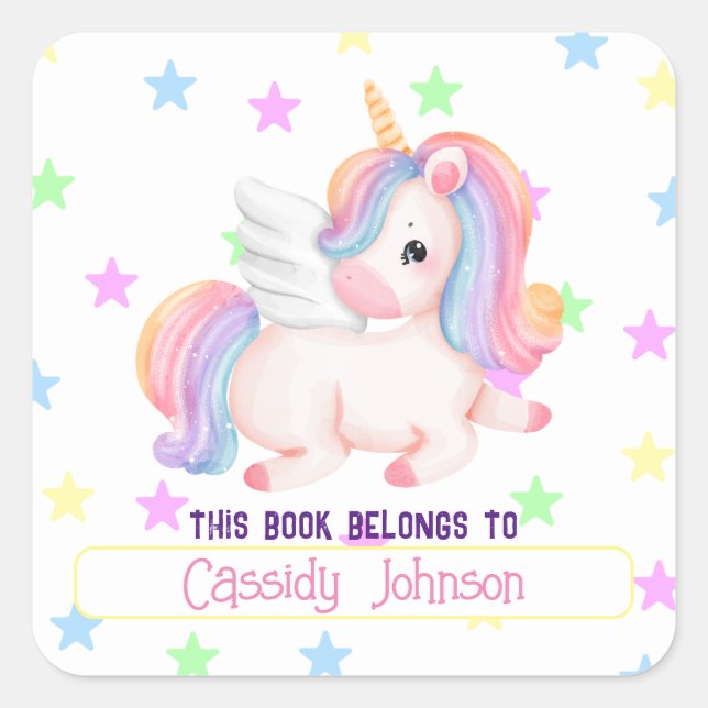 Pastel rainbow unicorn name bookplate square sticker (Front)