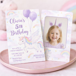 Pastel Rainbow Unicorn Photo Birthday Invitation