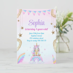 Pastel Rainbow Unicorn Sparkles Birthday Invitation
