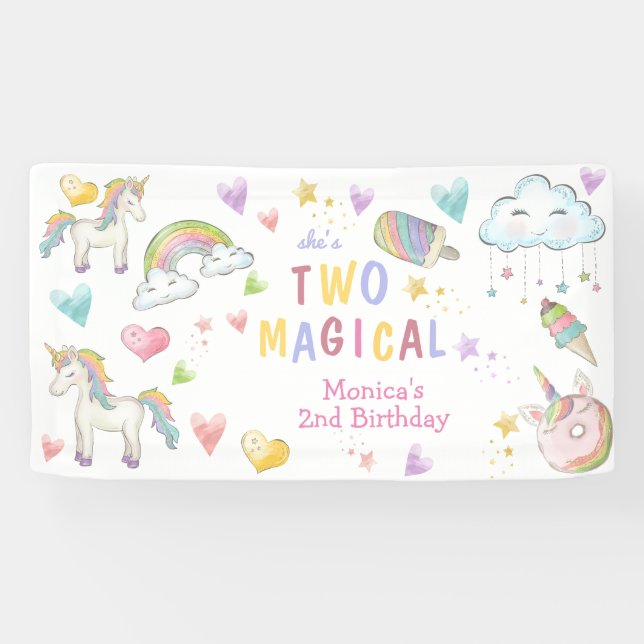 Pastel rainbow unicorn two magical birthday banner (Horizontal)