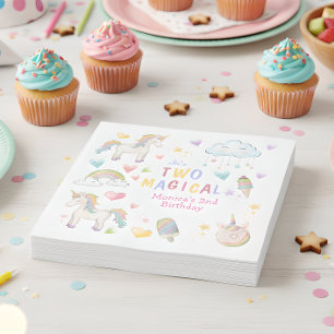 Pastel rainbow unicorn two magical birthday napkin