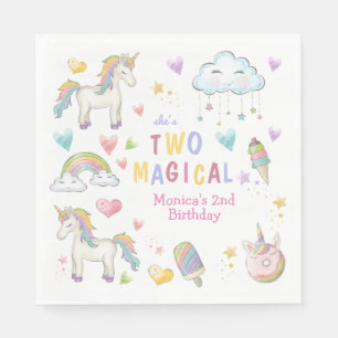 Pastel rainbow unicorn two magical birthday napkin